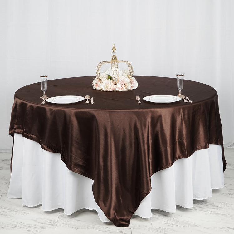 90 Inch x 90 Inch Chocolate Seamless Satin Square Tablecloth Overlay