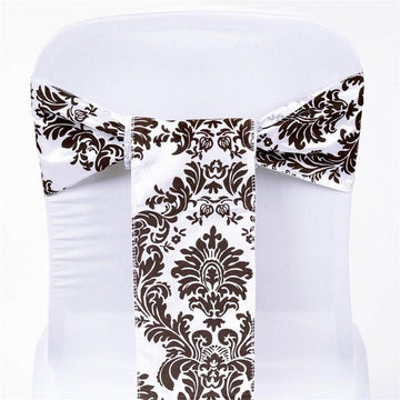 5 Pack Chocolate / White Taffeta Damask Flocking Chair Tie Bow Sashes 6"x108"
