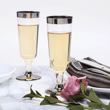 12 Pack Chrome Silver Rim Clear Plastic Champagne Glasses, Disposable Short Stem Trumpet Flutes 6oz