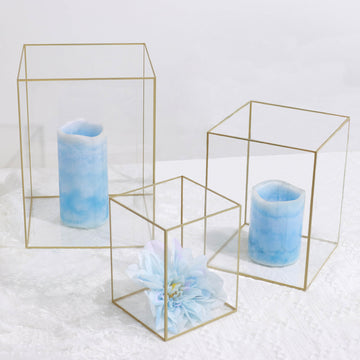 Set of 3 Clear Acrylic Pillar Candle Holders Flower Display Boxes With Gold Rims 6",8",10"