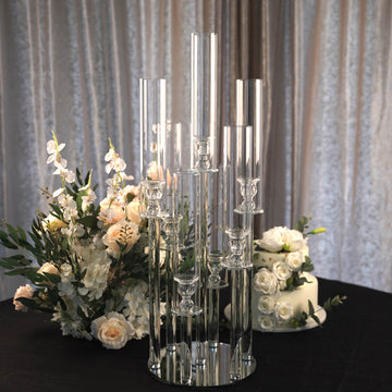 Clear 7 Arm Crystal Cluster Round Taper Candelabra, Candle Holder For Votive, Pillar or LED Candles With Mirror Base 33"