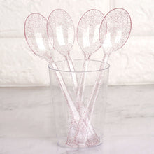 25 Pack Transparent Blush Glitter Classic Heavy Duty Plastic Spoons, Sparkly Disposable Utensils