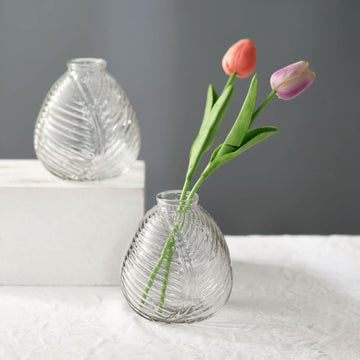 4 Pack Clear Embossed Glass Bud Vases, Round Embossed Leaf Flower Vases 5"