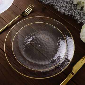 10 Pack Clear Hammered Round Plastic Dessert Appetizer Plates With Gold Rim, Disposable Salad Party Plate 7"