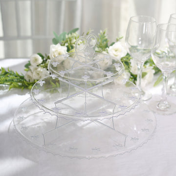 Clear 3-Tier Round Reusable Plastic Cake Pop Holder Cupcake Stand Dessert Tower With Floral Cut Rims 12"
