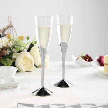6 Pack Clear / Silver Plastic Champagne Flutes, Disposable Glasses With Detachable Base 5oz