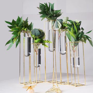 Set of 5 Conjoined Gold Frame Test Tube Hydroponic Vases, Geometric Wedding Centerpieces 12"