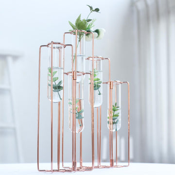 Set of 5 Conjoined Rose Gold Frame Test Tube Hydroponic Vases, Geometric Wedding Centerpieces 15"
