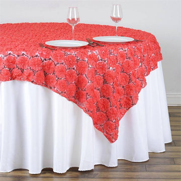 Coral Satin 3D Blossoms Sequin Lace Square Table Overlay 72"x72"