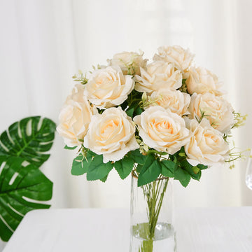 2 Bushes Cream Artificial Silk Rose Flower Arrangements, Real Touch Long Stem Flower Bouquet 18"