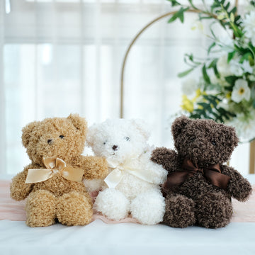 Set of 3 Cute Plush Stuffed Teddy Bears Party Favors Centerpiece Decor, Soft Toy Animals Party Decorations - Dark Brown,Ivory,Natural 7"