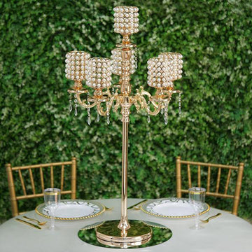 DIY Adjustable Gold Pearl Beaded Table Floor Candelabra Centerpiece, Metal With Crystal Chandelier Pendants