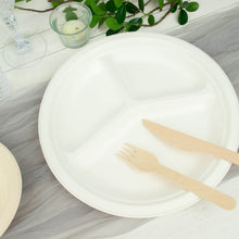 10 Inch Biodegradable Dinner Plates 50 Pack Natural Color Bagasse Material 3 Compartment Style