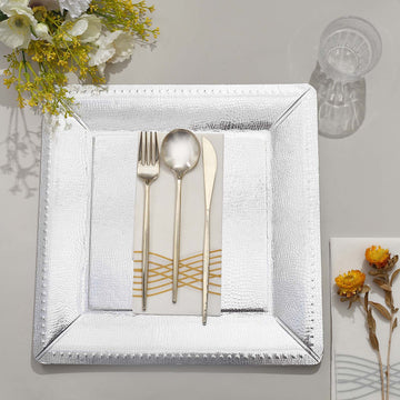 Choose Convenience and Style with Silver Textured Disposable Square Serving Trays