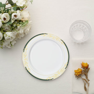 Elevate Your Event with White and Hunter Emerald Green Rim Plastic Appetizer Salad Plates