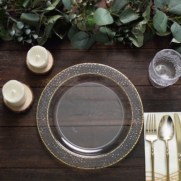 Clear Hammered Design Plastic Dinner Plates With Gold Rim - Elegant and Durable