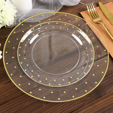 Convenient and Stylish Clear With Gold Dot Rim Plastic Dessert Plates