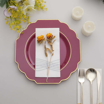 Enhance Your Table Setting with Burgundy Hard Plastic Baroque Dinner Plates with Gold Rim
