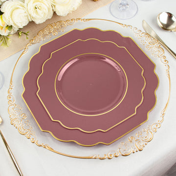 Cinnamon Rose Hard Plastic Baroque Dinner Plates with Gold Rim