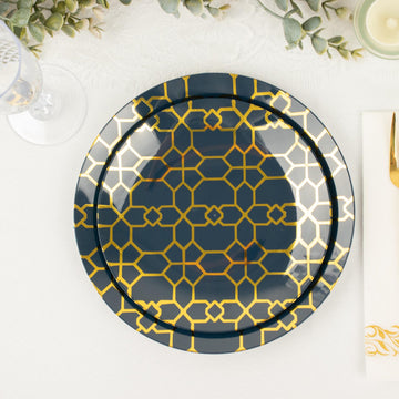 Add Elegance to Your Tablescape with Navy Blue Geometric Gold Print Plastic Plates