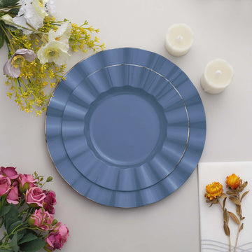 Ocean Blue Hard Plastic Dinner Plates with Gold Ruffled Rim