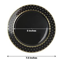 Round 7.5 Inch Plastic Dessert Plates In Black And Gold With Dotted Rim 10 Pack