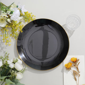 Elegant and Stylish Glossy Black Round Plastic Dinner Plates with Gold Rim