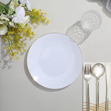 Elegant White Round Plastic Dessert Plates with Gold Rim