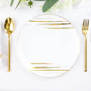 Elegant White and Gold Brush Stroked Round Plastic Dinner Plates