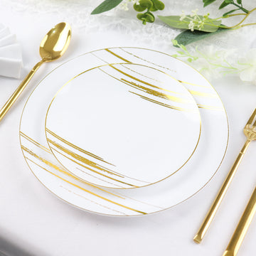 Convenient and Stylish White and Gold Brush Stroked Round Plastic Dessert Plates