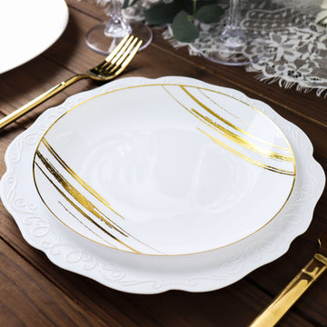 Elegant White and Gold Brush Stroked Round Plastic Dessert Plates