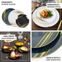 10 Pack | 7inch Navy Blue and Gold Brush Stroked Round Plastic Dessert Plates