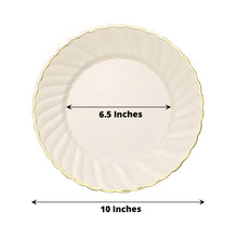 10 Pack | 10inch Ivory / Gold Flair Rim Plastic Dinner Plates, Round Disposable Party Plates