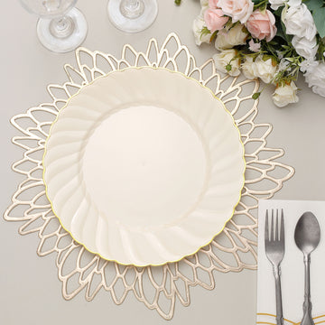 Elegant Ivory Gold Flair Rim Plastic Dinner Plates for a Sophisticated Table Setting