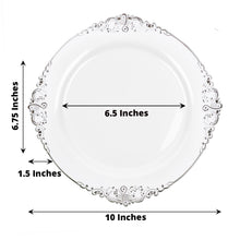 10 Inch Plastic Plates Disposable Round Baroque Style Vintage White and Silver Embossed Leaf Design 10 Pack