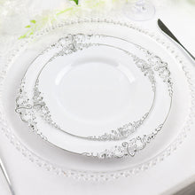 10 Inch Round Baroque Style Vintage White and Silver Leaf Embossed Disposable Plastic Plates 10 Pack