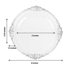 8 Inch Disposable Round Plastic Dessert Plates Vintage Clear and Silver Leaf Embossed Design 10 Pack