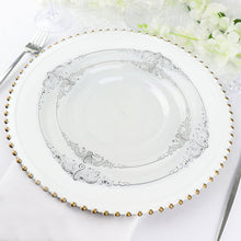 8 Inch Plastic Plates Disposable Round Baroque Style Vintage Clear and Silver Embossed Leaf Design 10 Pack