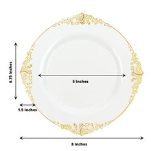 8 Inch Disposable Round Plastic Dessert Plates Vintage White and Gold Leaf Embossed Design 10 Pack