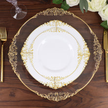 8 Inch Plastic Plates Disposable Round Baroque Style Vintage White and Gold Embossed Leaf Design 10 Pack