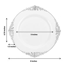 8 Inch Disposable Round Plastic Dessert Plates Vintage White and Silver Leaf Embossed Design 10 Pack