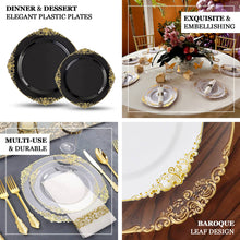 8 Inch Leaf Embossed Disposable Plastic Salad Vintage White and Gold Round Plates Baroque Style 10 Pack