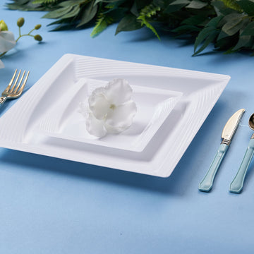 10 Pack White Square Geometric Ridge Trim Plastic Dinner Plates