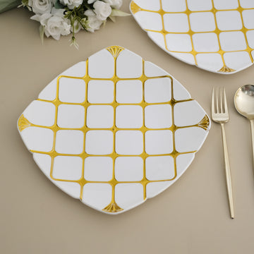 Elevate Your Table Decor with White/Gold Plastic Square Geometric Dinner Plates