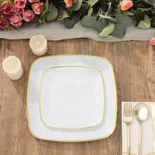 10 White Square Plastic Party Plates With Gold Edging
