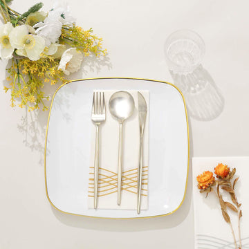 Elegant White with Gold Rim Square Plastic Dinner Plates