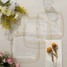 7 Inch Gold Rimmed Square Plastic Dessert Plates 10 Pack Clear