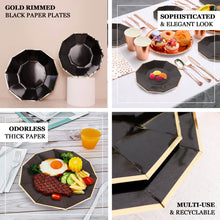 Black 9 Inch Geometric Dinner Paper Plates with Gold Rim 25 Pack
