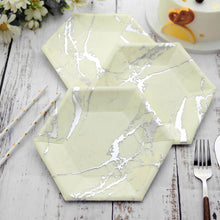 25 Pack 8.5 Inch Hexagon Shaped Marble Plates in Ivory with Silver Foil