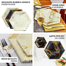 25 Pack 8.5 Inch Ivory Marble Plates with Hexagon Shape and Silver Foil